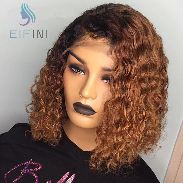 

1b/27 omber curly lace front human hair wig 13x6 deep part color wigs for black women pre plucked short brazilian remy hair wigs, Black;brown