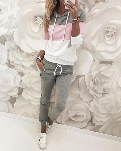 

drawstring design colorblock hooded & pant sets women 2 piece outfits casual autumn tracksuits, White
