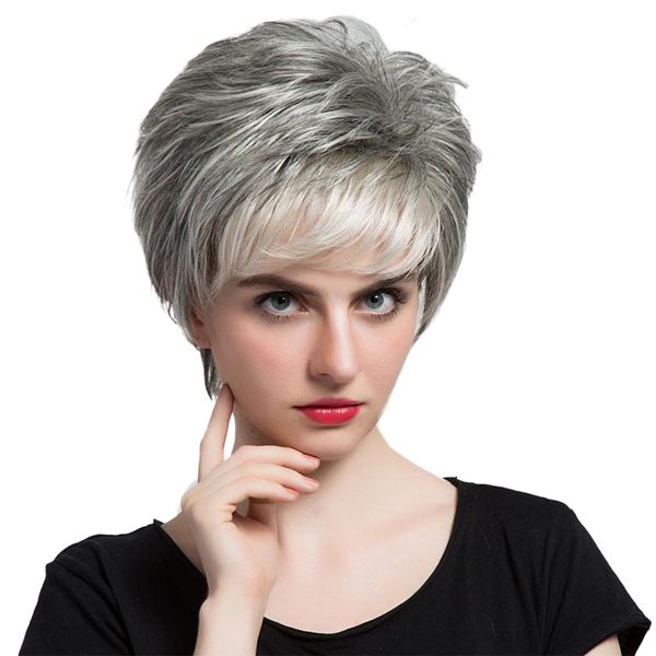 

12 inches women short layered 100% human hair wigs heat resistant gray white, Black