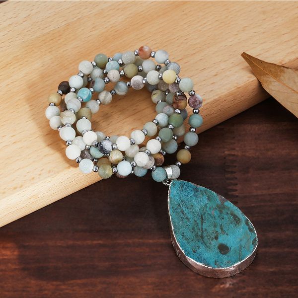 

bohemain amazonite beaded strand natural teardrop ocean stone pendant long necklace jewelry for women, Silver