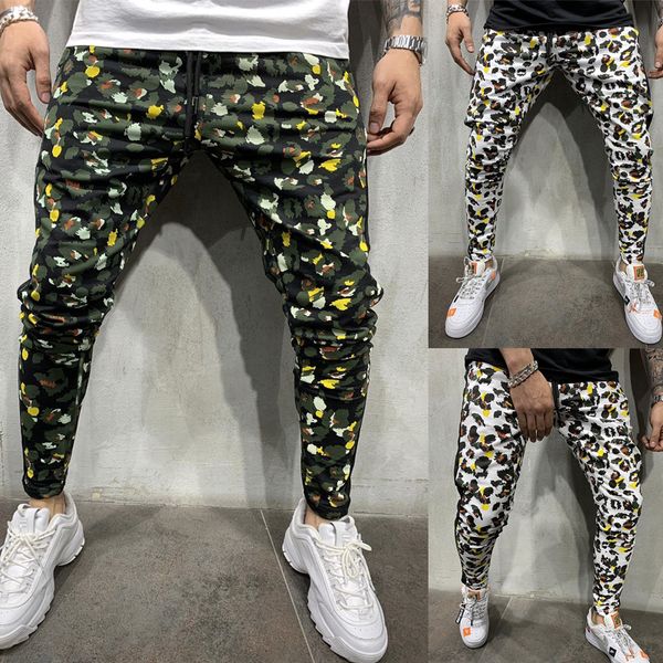 

olome fashion men casual leopard print pants drawstring elastic waist long trousers male clothes distressed hip bottoms 2019, Black