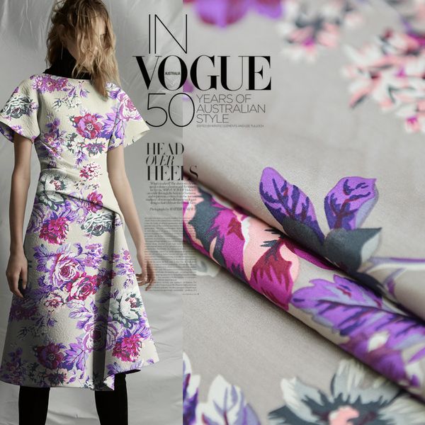 

purple country flowers cotton silk textile summer clothing fabric silk, Black;white