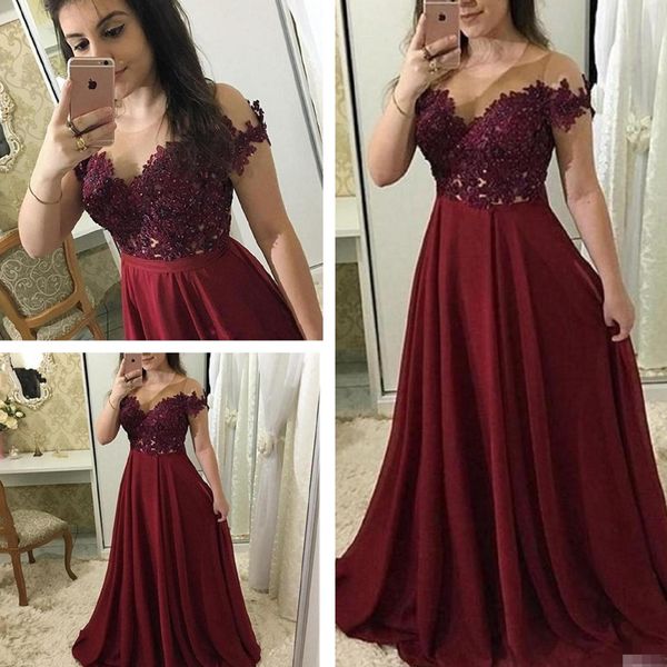

2020 burgundy prom dresses chiffon lace applique off shoulder capped sleeves sheer neck lace applique beaded floor length evening party gown, Black