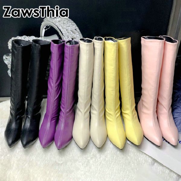 

zawsthia 2019 winter autumn yellow purple pink woman boots pointed toe low square heels mid-calf boots for women big size 34-48, Black