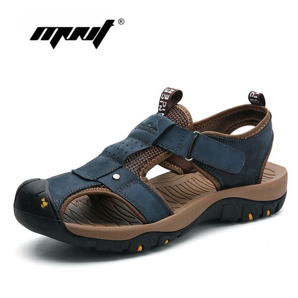 

genuine leather men shoes new plus size men sandals breathable non-slip outdoor beach summer shoes, Blue;gray