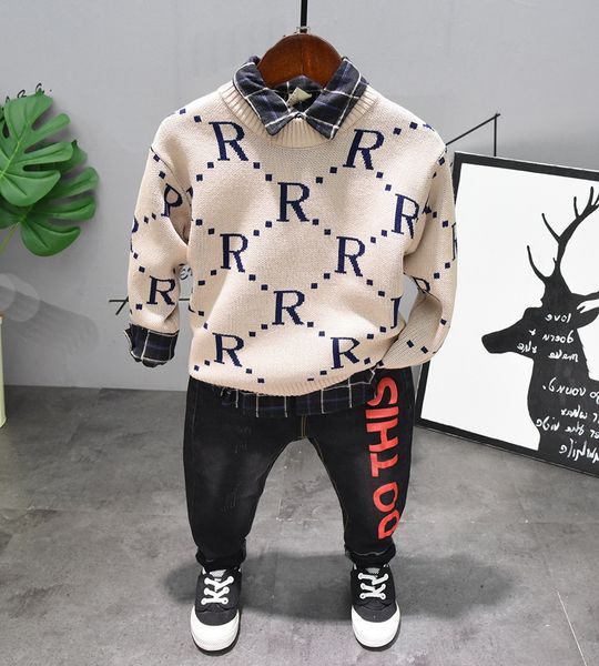 

2019 spring autumn children's long sleeve knit sweater shirt jeans 3pcs suit boys clothing suit baby cotton clothes kids sets t200404, White