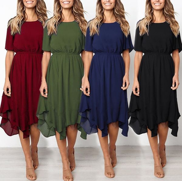 Solide reine Farbe Mode Sommerröcke für Frauen unregelmäßige elastische Taille Umfang Mädchen Mid-Sleeve Kleider Frau Boutiquen Kleidung