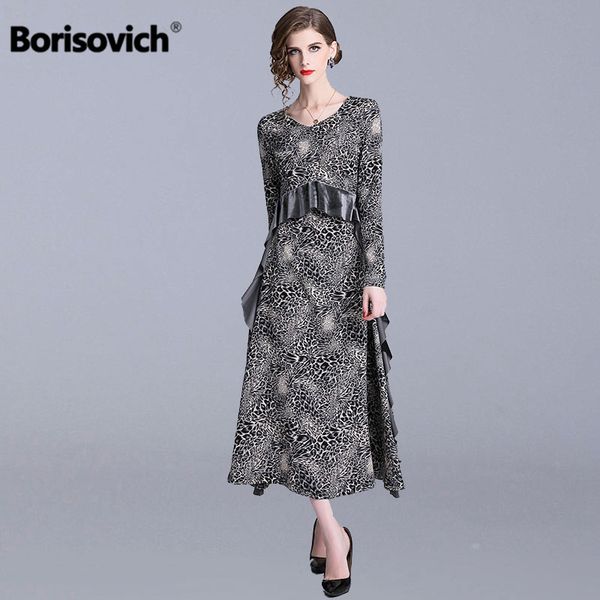 

borisovich women casual long dress new brand 2019 spring fashion leopard print ruffles v-neck elegant ladies party dresses n648, Black;gray