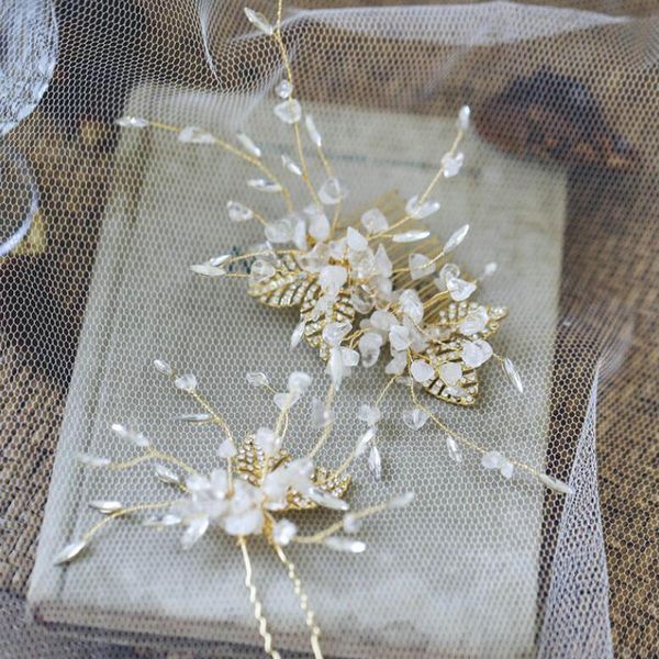 

white crystal hair comb gold leaves bridal hair accessories for women wedding headpiece jewelry, Golden;white