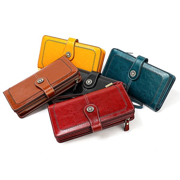 

genuine leather long fold over clutch wallets rfid blocking zipper purses card holder banknote pocket coin pouches cowhide wristlets wallets, Red;black