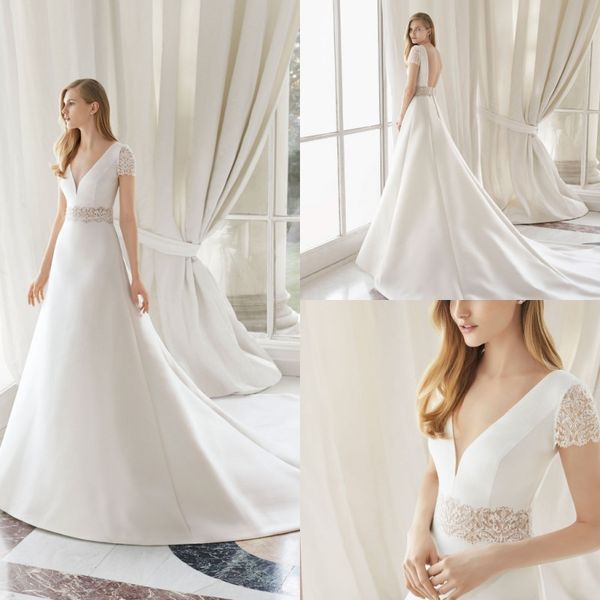 

elegant 2019 satin wedding dresses short sleeve lace appliqued v neck backless wedding dress sweep train a line bridal gowns, White