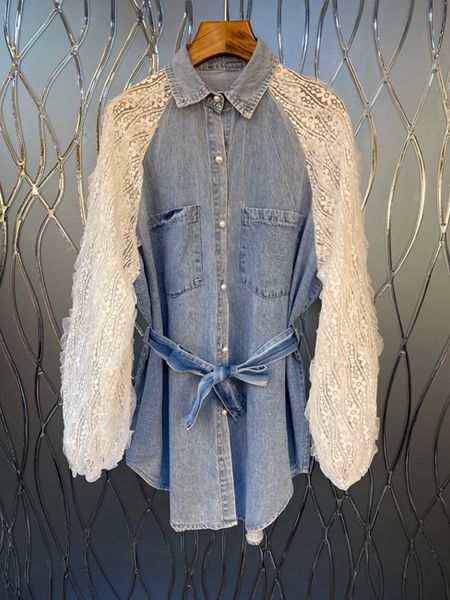 

2020 spring and summer new women's lapel lapel embroidery color matching stitching lace-up denim mid-length 321, White