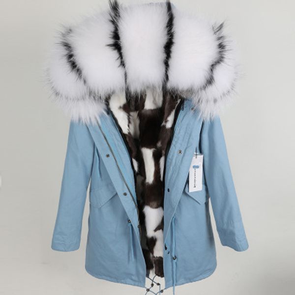 

white black fox fur trim maomaokong black white lattice fox fur lined light blue long parka warm furs jackets