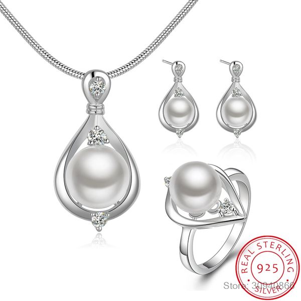 

2018 new fashion 925 sterling silver fine jewelry set crystal pearls ring earrings necklace jewelry sets for women, Black