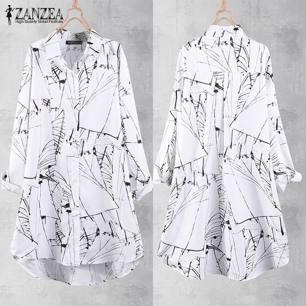 

plus size tunic women printed blouse long shirt 2019 zanzea casual button down shirt chemise female long sleeve lapel blusas, White