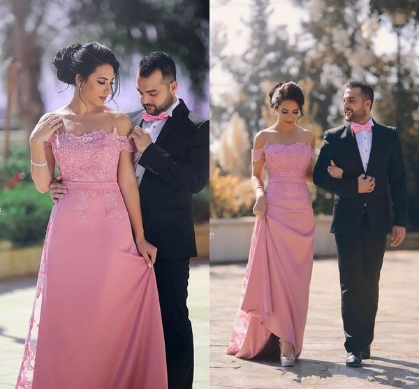 Sexy Pink Off spalla abiti da sposa in pizzo treno abiti da sera Arabia Saudita donne abiti da cerimonia formale Cocktail Party Dress A97