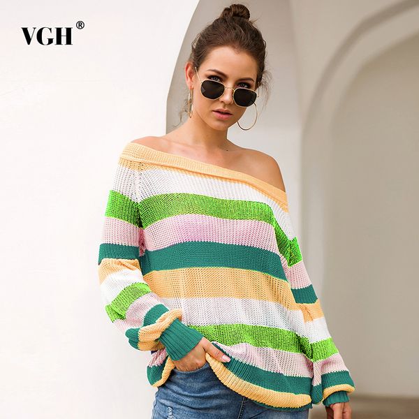 

vgh striped hit color knitting sweater women slash neck lantern sleeves loose pullover casual sweater for female 2019 fashion, White;black