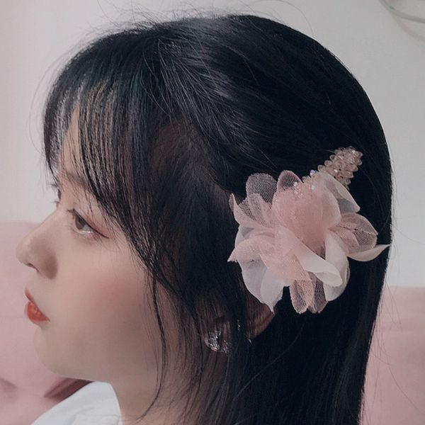 

korea style simple cute children hair pins little fairy crystal yarn pink flowers hair clips for girl fashion accessories, Slivery;white
