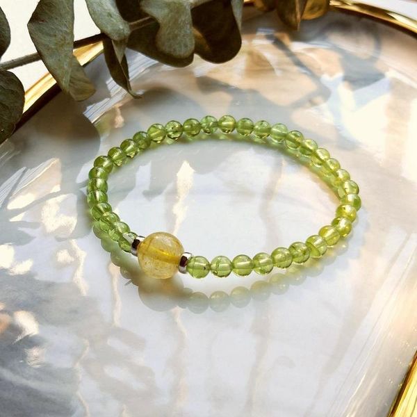 

liiji unique natural peridots golden rutilated quartzs bracelet 925 sterling silver beaded bracelet healing power jewelry, Black