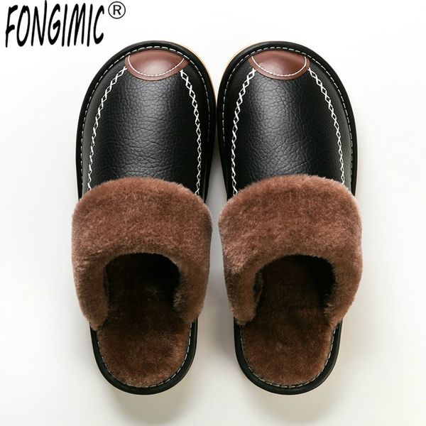 

men winter leather slippers bedroom cotton slippers male waterproof thick plus velvet indoor warm house home shoes, Black