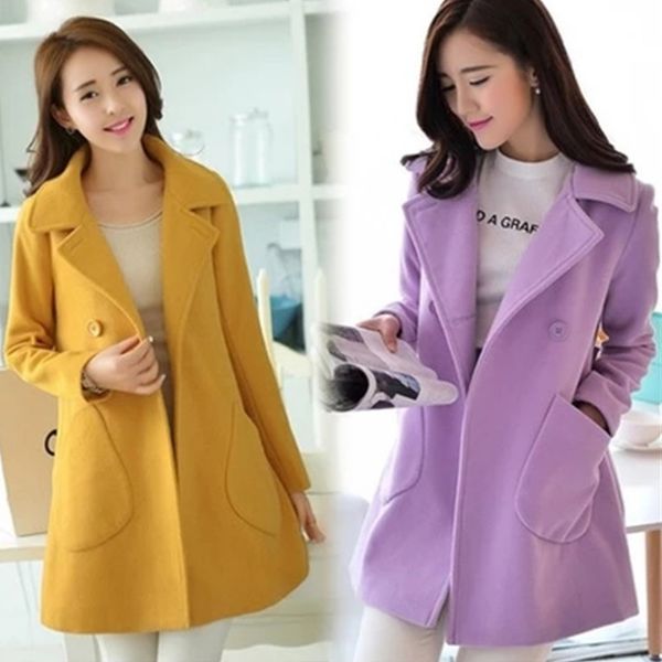 

fashion women autumn coat double breasted wool peacoat turn-down collar female jacket hsj88, Black