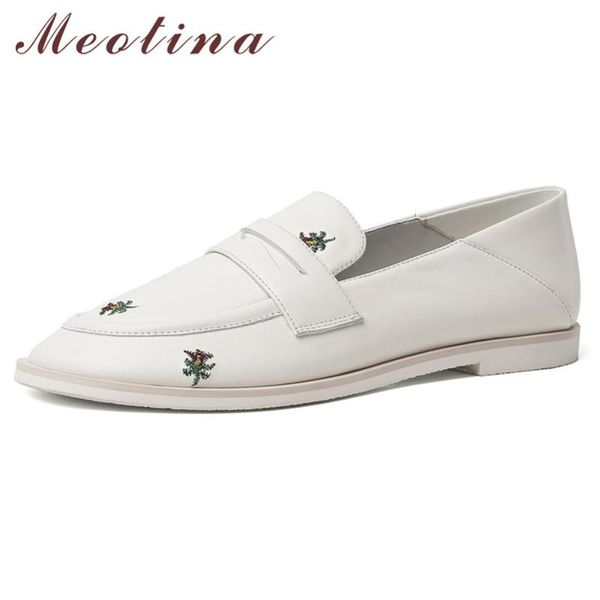 

meotina shoes women flower natural genuine leather flat loafer shoes female round toe flats ladies footwear autumn black white
