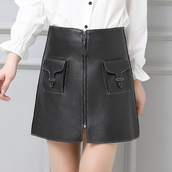 

2019 women slim genuine sheep leather skirt p24, Black