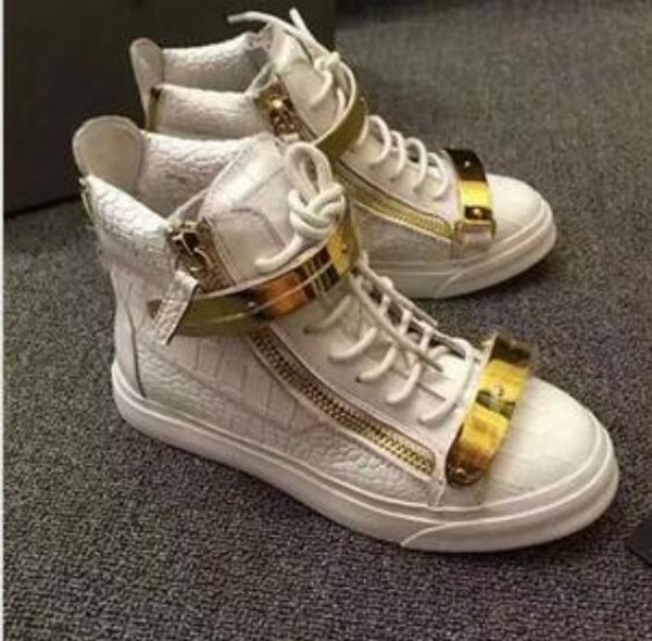 

brand designer men sneakers women casual shoes white crocodile grain leather lace-up the high double zipper decorative, Black