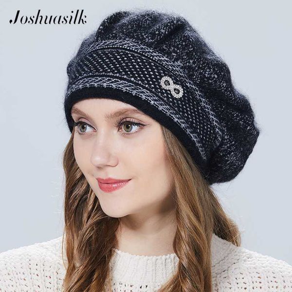 

joshuasilk women beret winter hat knitted angora wool berets double warm hat 5 color options, Blue;gray
