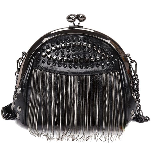 

ljl-retro tassel fashion shell bag new rivet personality clip lock single room messenger bag tide