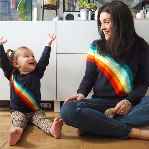

family clothes mom kids t-shirt rainbow striped long sleeves t shirts blouse casual cotton women blouses matching shirt, Blue