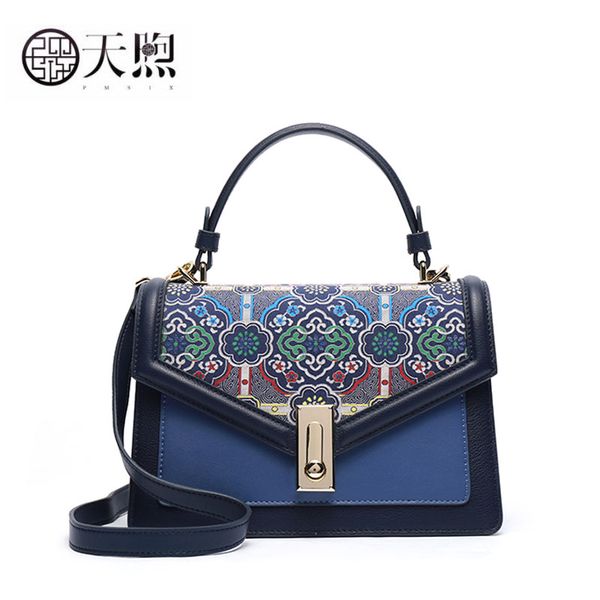 

pmsix women genuine leather bag 2020 new fashion atmosphere ethnic style shoulder bag hit color leather handbag