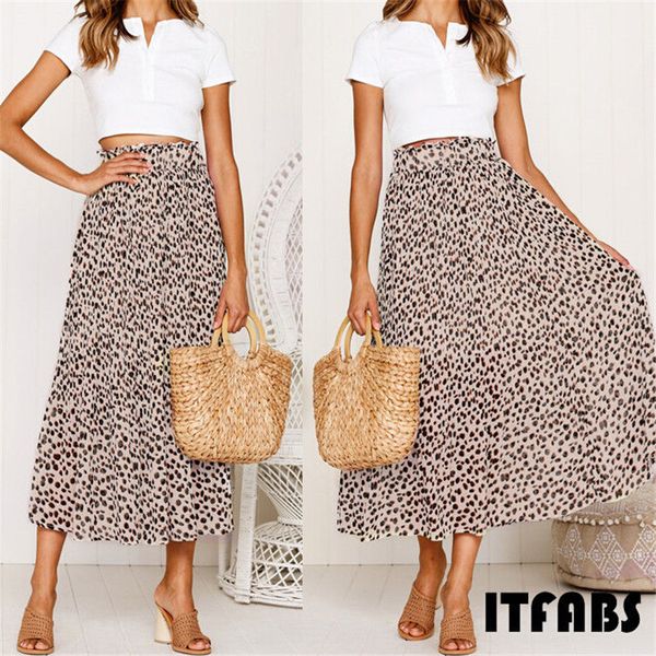 

summer women long leopard printed skirt elastic high waist chiffon pleated slim fit casual maxi skirt, Black