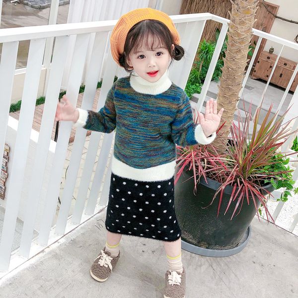 

girls high collar mink cashmere sweater autumn and winter new style children warm pullover knitting shirt small children's cloth, Blue