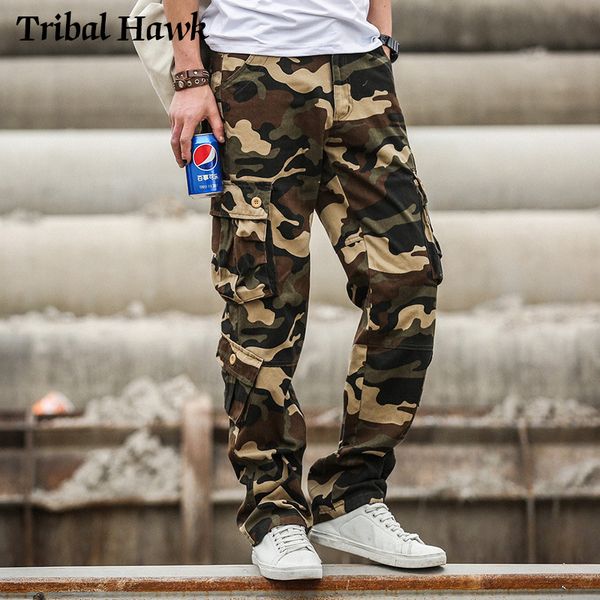 

cargo pants men camouflage tactical pants army style combat clothing male jogger multi pocket camo trousers, Black