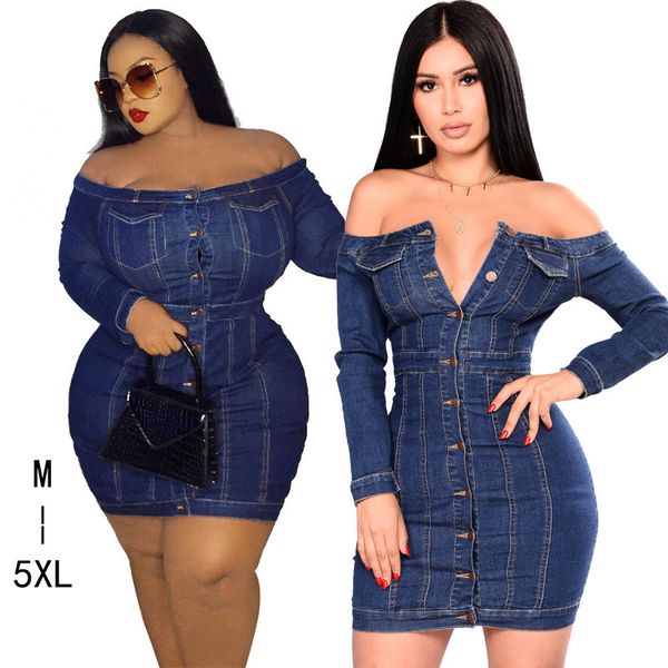 

new fashion women's summer one shoulder tight package hip wash denim dress women's casual dress long sleeve elegant dress 2020, Black;gray