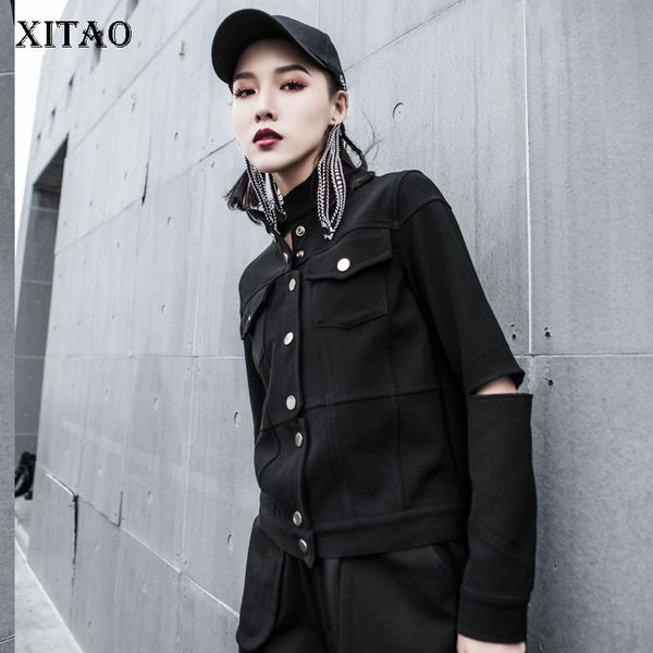 

xitao] single breasted women korea fashion new loose stand collar full sleeve solid color rivet casual pocket jacket dll2193, Black;brown