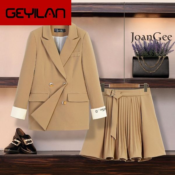 

women's skirt suits spring-autumn 2020 casual high-quality double-breasted women's jacket fashionable pleated skirt two-piece, White;black