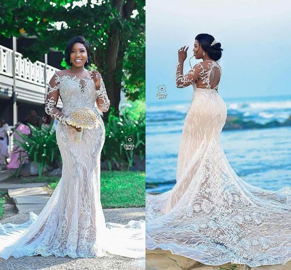 

long sleeves nigerian african bridal gowns beaded sheer crew neckline lace appliques hole back mermaid wedding dresses court train, White