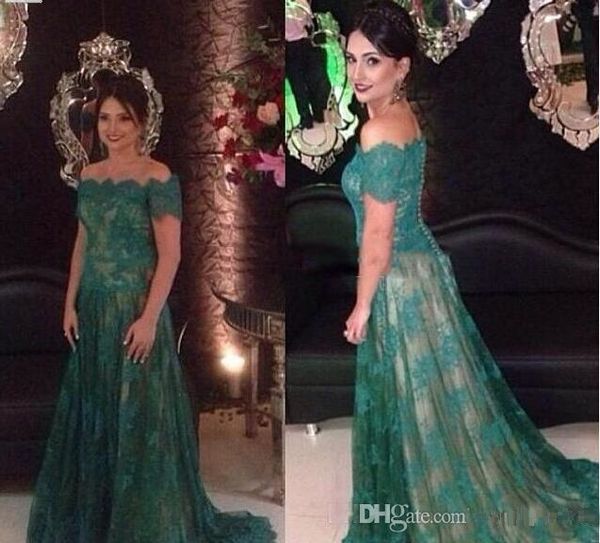 

green lace mother of the bride dress off shoulder short sleeve formal evening dress sweep train prom gowns, Black;red