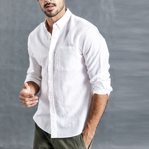

summer fashion mens shirts button casual linen and cotton long sleeve solid turn-down collar cotton shirt 3xl, White;black