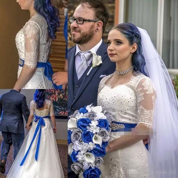 

1/2 half sleeves mermaid wedding dresses lace appliqque with royal blue ribbon beaded sequins plus size hollow back wedding bridal gowns, White