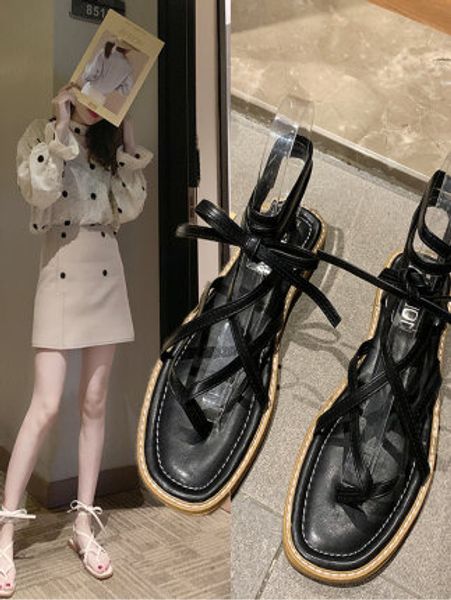 

2020 new summer sandals with skirts bohemian clip-toe shoes fairy roma word buckle flat shoes women, Black