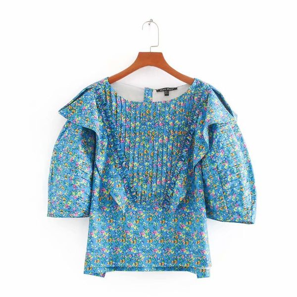 

2020 summer new women's short sleeve scallop floral blue zaraing women blouse shirt sheining vadiming female shirt cvc9698, White