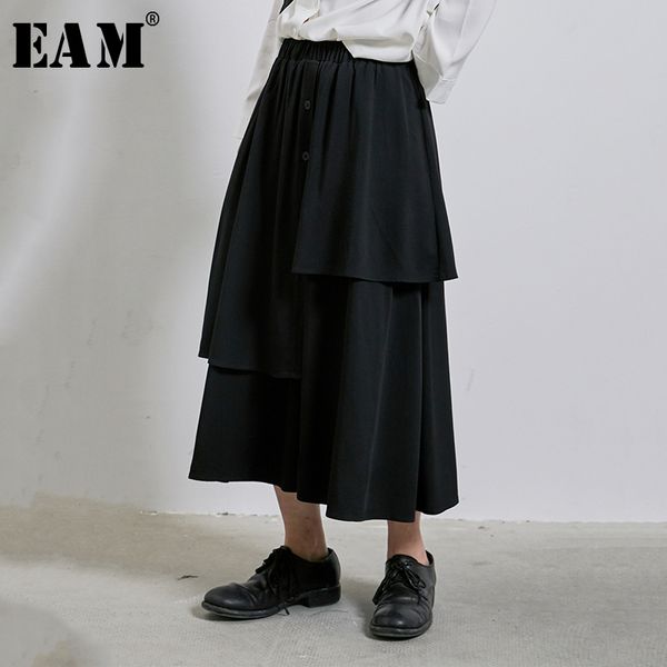 

eam] high elastic waist black ruffles split temperament cake half-body skirt women fashion tide new spring autumn 2020 1r282