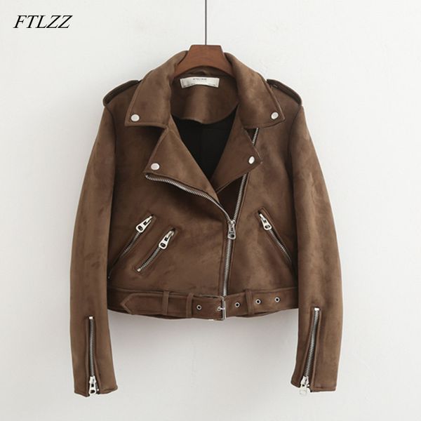 

ftlzz new faux suede womens motorcycle jacket autumn faux leather jacket female with belt slim short biker coat, Black
