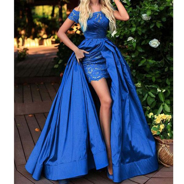 

off the shoulder royal blue formal evening dresses short sleeve strapless mermaid lace satin graduation prom party gown with split plus size, Black