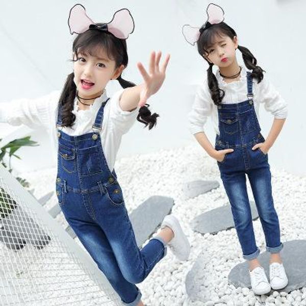 

spring autumn kids girl suspender jeans bib pants children denim jumpsuit overall teenage girls casual suspender trousers 5-14t, Blue