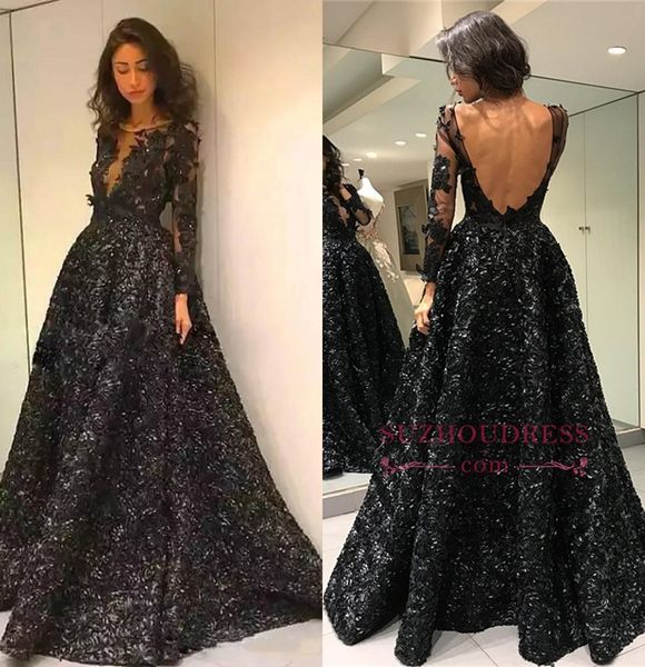 

new black a-line prom evening dress 2019 party cocktail gown backless long sleevee formal pageant dresses custom made