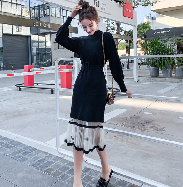

knitted patchwork mesh long sleeve fashion o-neck ruffles high waist knit dresses women autumn winter elegant knit dresses, Black;gray